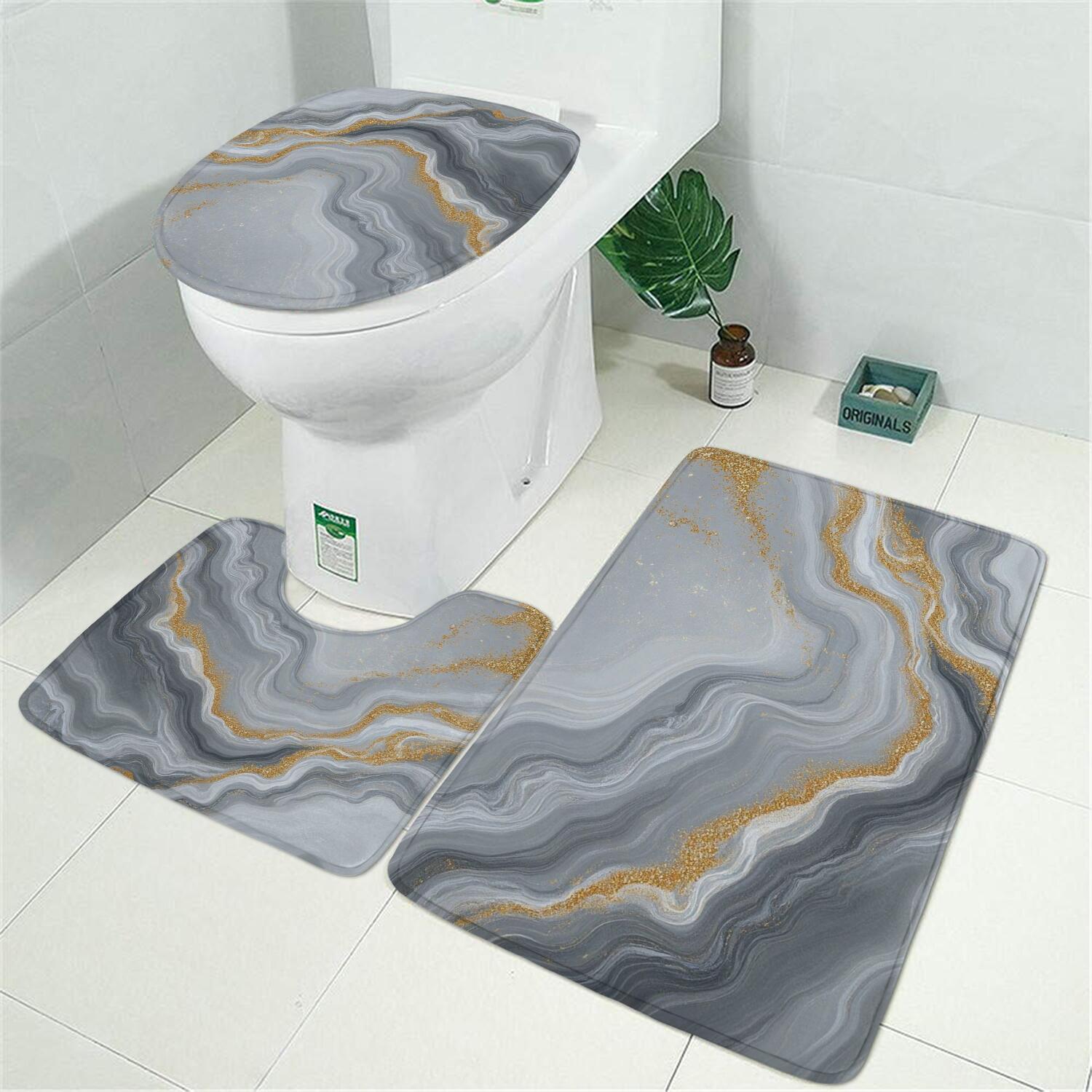 Gray Marble Gold Wave Pattern Bathroom Rugs Sets 3 Piece,Toilet Cover Set,Absorbent Non Slip Bathroom Mats Sets with U-Shaped Contour Rug Toilet Rug Set