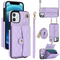For Apple iPhone 12 mini RFID Blocking Protective Purse Wallet Case Magnetic Flip Cover Multi-Card Slots Pocket With Detachable Shoulder Strap And Wrist Strap,Purple,For iPhone 12 mini