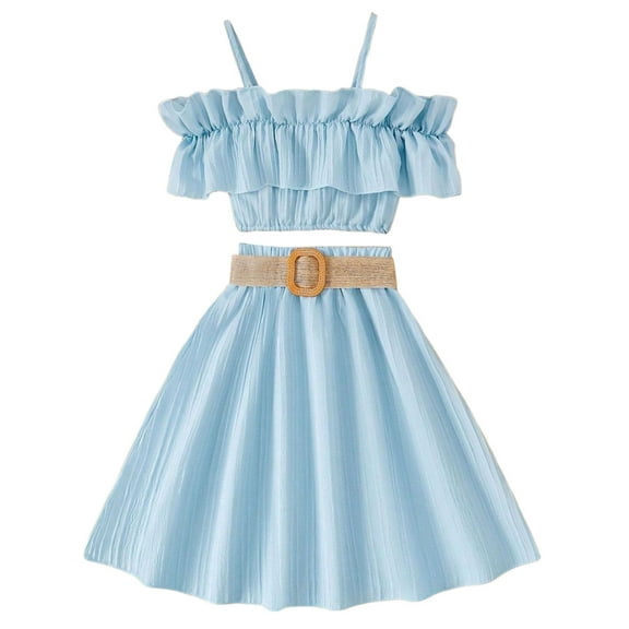 Girls Summer Outfits Sleeveless Solid Color Ruffles Tops Skirt With Belt 3Pcs Outfits Clothing Set,Size 9 Years-10 Years