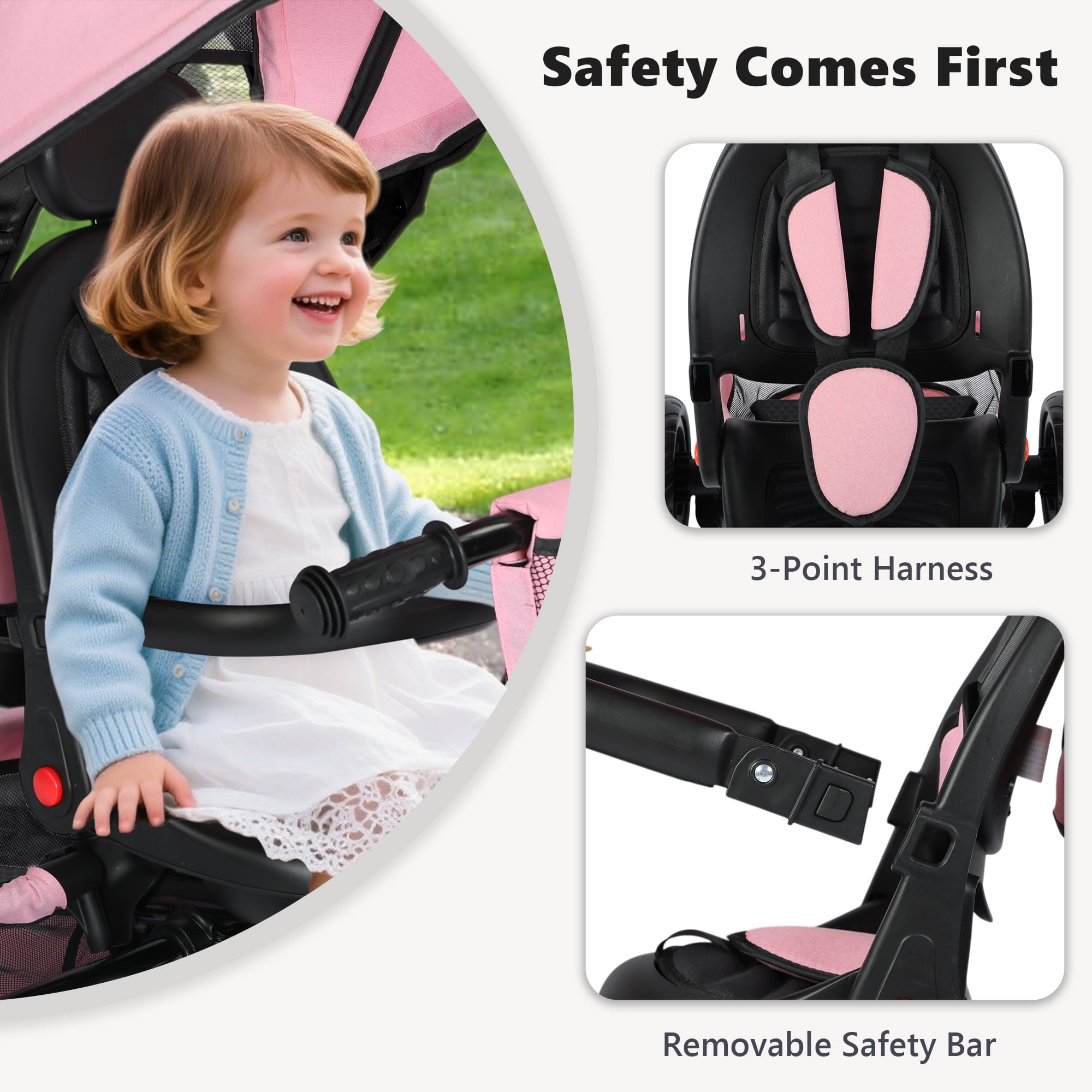 AILEEKISS Foldable Kids Tricycle with Push Handle, 7-in-1 Ride Trike for Infant 1-5 Years, Pink