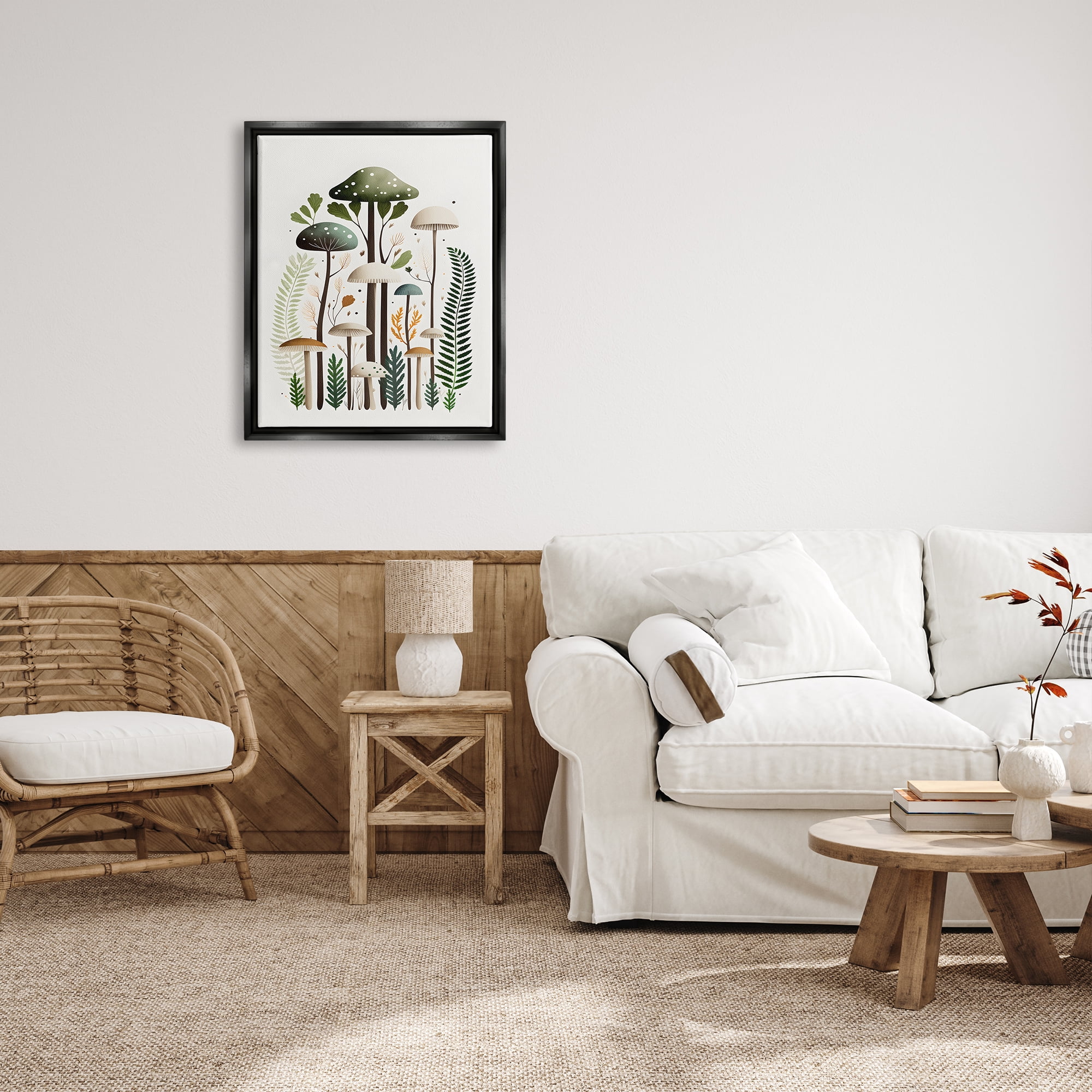 Stupell Industries Whimsical Green Mushrooms Botanical & Floral Painting Black Floater Framed Canvas Art Print Wall Art, 25 x 31