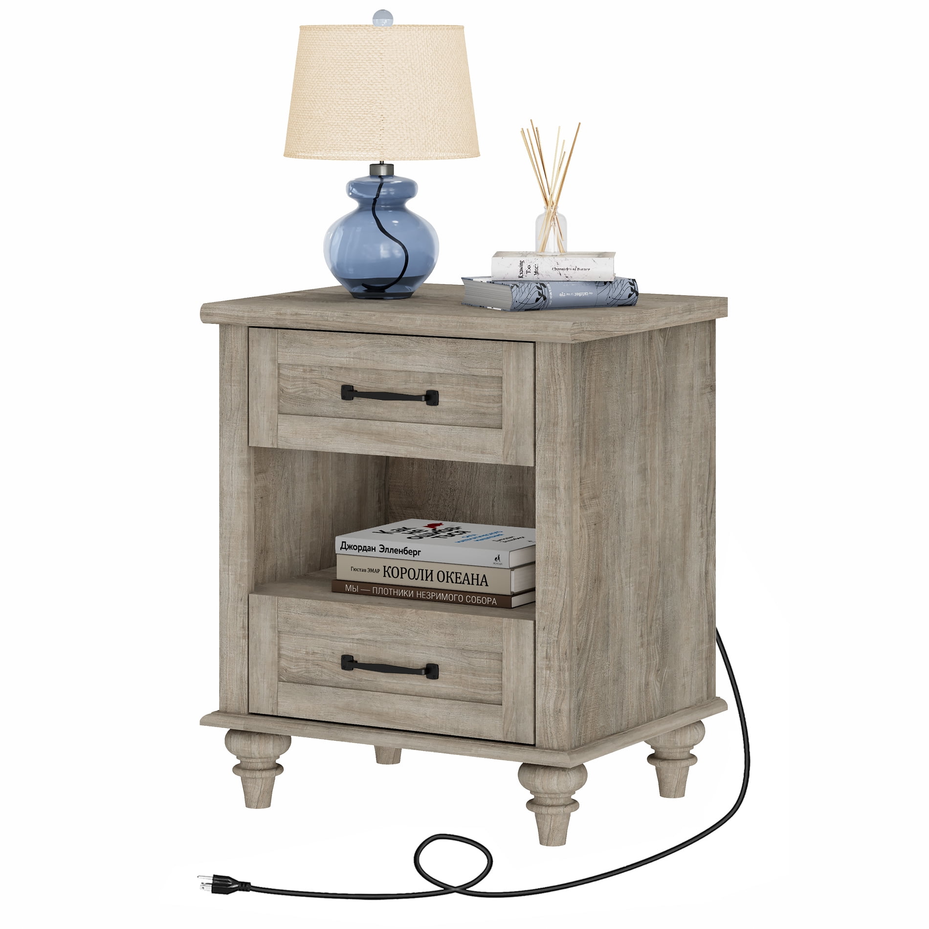 Side Table with 2 Drawers & Open Shelf, Farmhouse End Table with Charging Station, Wooden Nightstand for Bedroom & Living Room, Grey