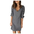 thumbnail image 2 of Chbgutlmr Denim Dress for Women 3/4 Sleeve V Neck Shift Mini Dress Casual Loose Summer Trendy Jean Dress, 2 of 6