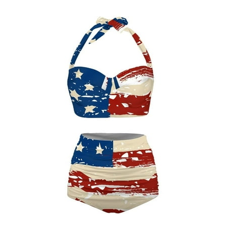 HUIACONG Women s Vintage Swimsuit Halter Padded Bikini Two Piece Tummy Control Bathing Suit American Flag Print High Waisted Ruched Swimwear-M