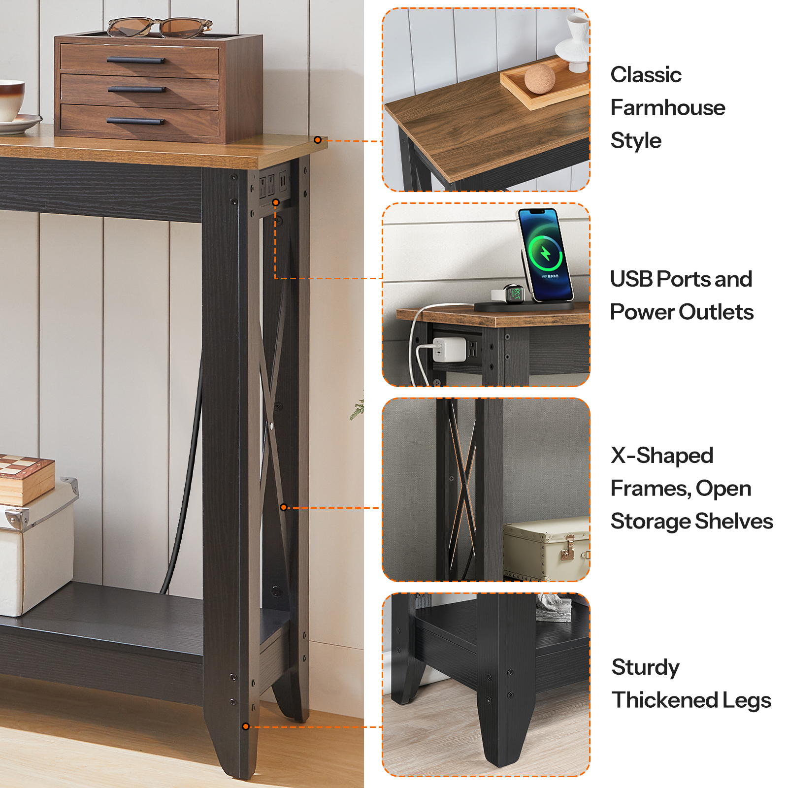 HOOBRO Industrial Multifunction with Power Socket, Outlets and USB Ports Engineered Wood Console Table, Black Walnut