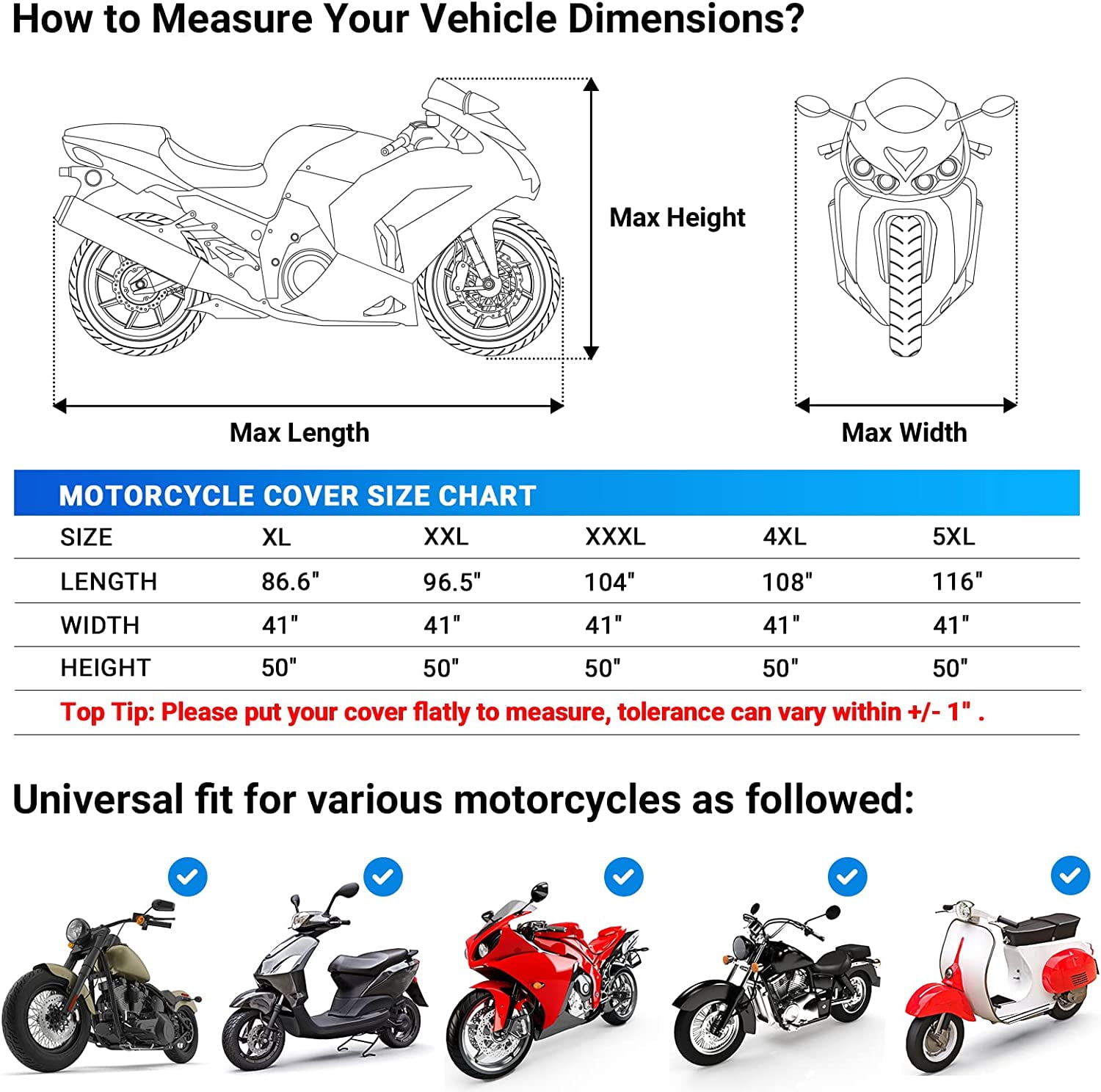 Favoto Motorcycle Cover Waterproof Outdoor Storage 96.5 inches Length All Season Weather Rain Sun Protection Night Reflective Design with Lock-Holes Motorcycle Tarp Powersports Vehicle Cover