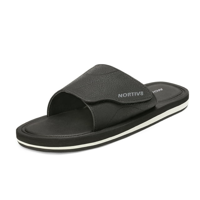 Nortiv 8 Men's Memory Foam Adjustable Slide Sandals Comfort Lightweight Beach Shoes Summer Outdoor Slipper Fusion Black Size 14