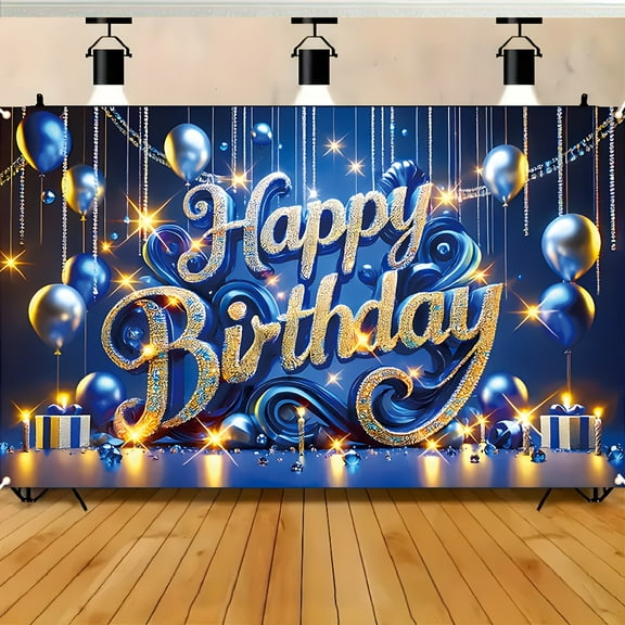 Blue and Golden Happy Birthday Backdrop Glitter Gold Diamonds Balloons Photography Backgrounds for Women Men Royal Blue Gold Happy Birthday Decorations Banner Cake Table Banner Photo Booth Props