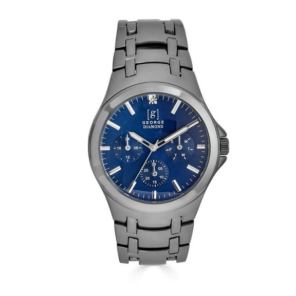 George Men's 41mm Gunmetal Tone Blue Dial Genuine Diamond Bracelet Watch
