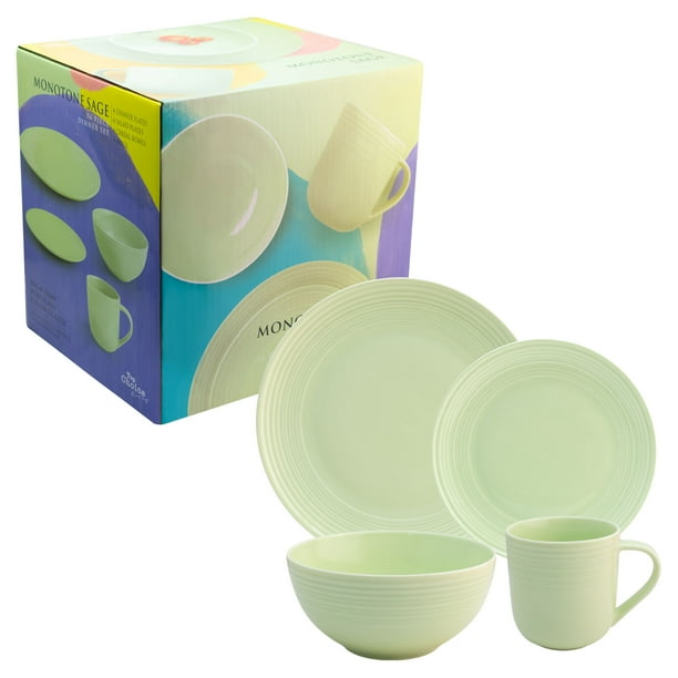 Set Vajilla Familiar Completa de Porcelana, Colección Monotone Artic, Color Verde Esmaltado con Relieve en Bordes, Vajilla Elegancia para Mesa con Caja de Regalo
