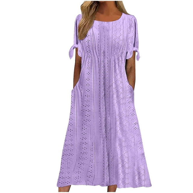 Admvng Robes pour Femmes Été Mignonnes Décontractées Col Rond Manches Courtes Longues Robes d'Été avec Poches P-2TG