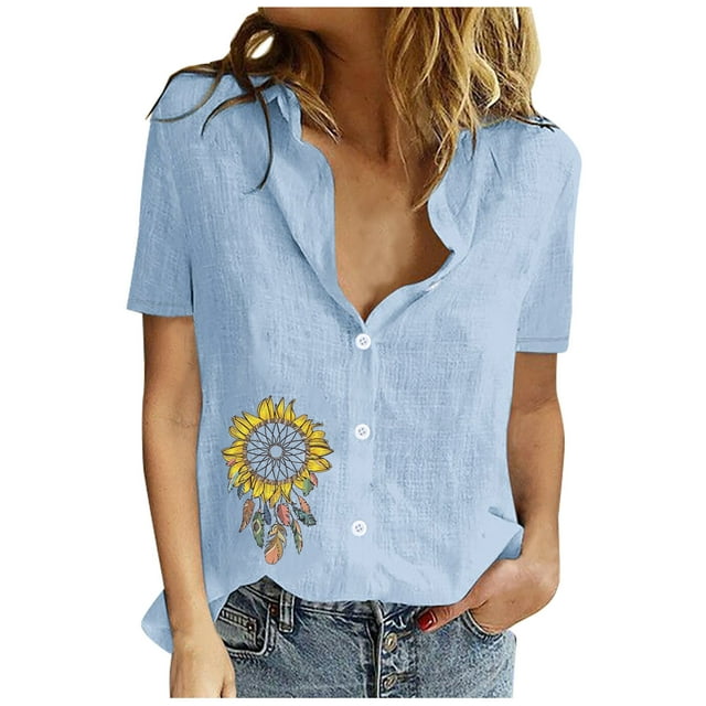 EQWLJWE Chemises pour Femmes Liquidation Femmes Manches Courtes Décontracté Imprimé Manches Courtes Ample Bouton Col Rabattu Chemise Blouse Unie
