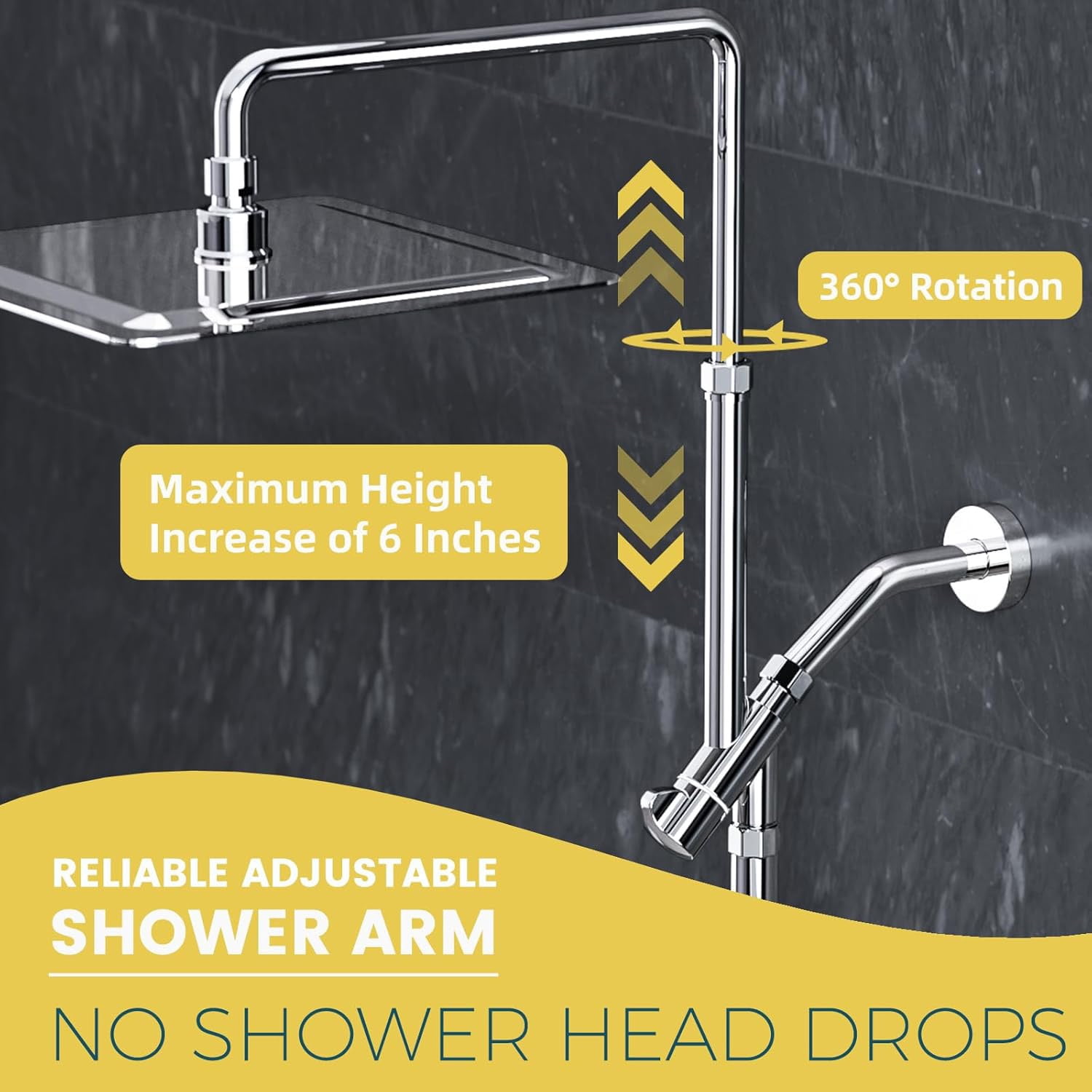 ROSYNEY 12 Inch Rain Shower Head with 8-Setting Handheld Spray Combo, Metal Height Adjustable Shower Arm, Slide Bar with Holder, Stainless Steel Hose, Chrome