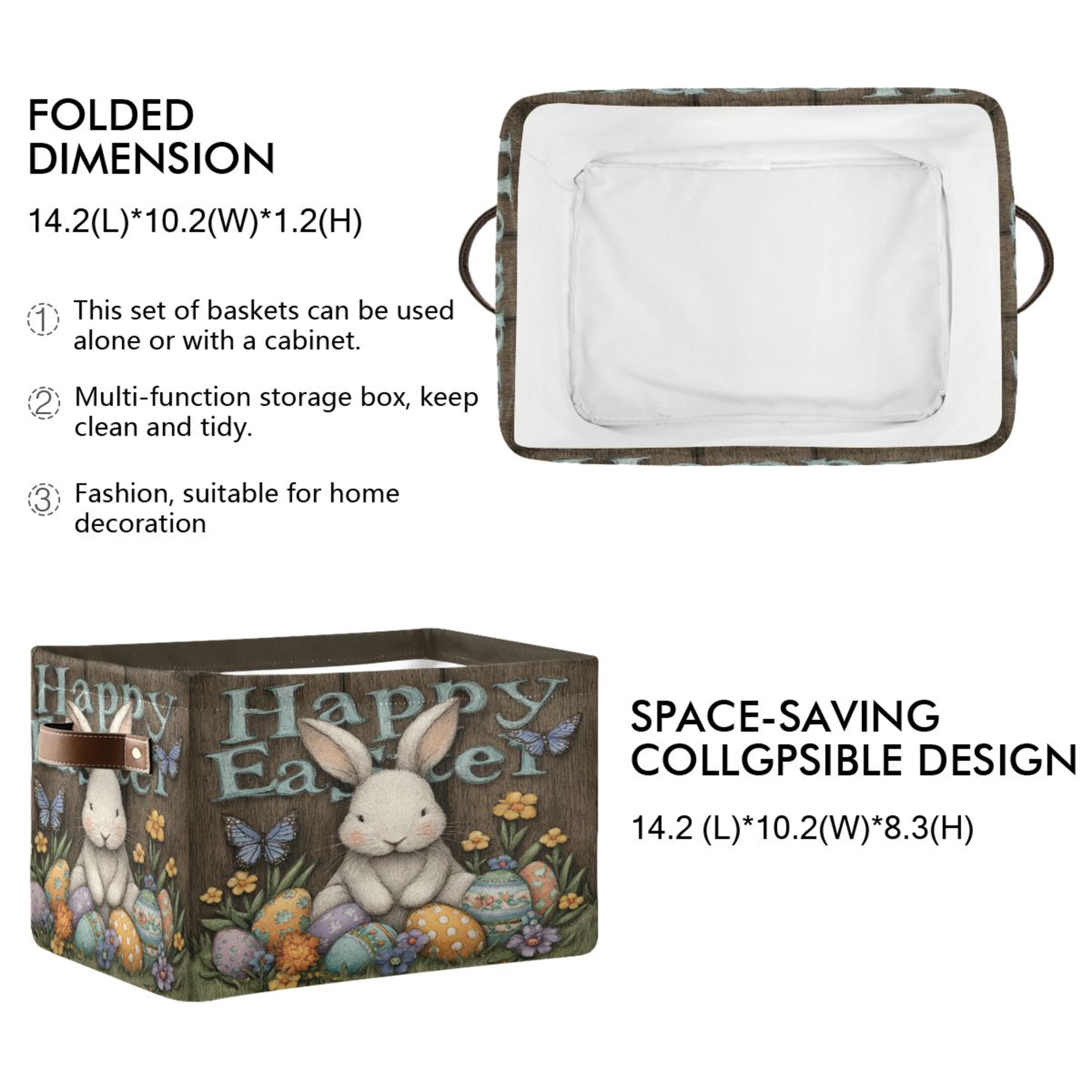 Wobogo Cute Easter Bunny Square Storage Basket Set of 2 with Waterproof Canvas and PE Lining Durable PU Leather Handles 14.2×10.2×8.3in