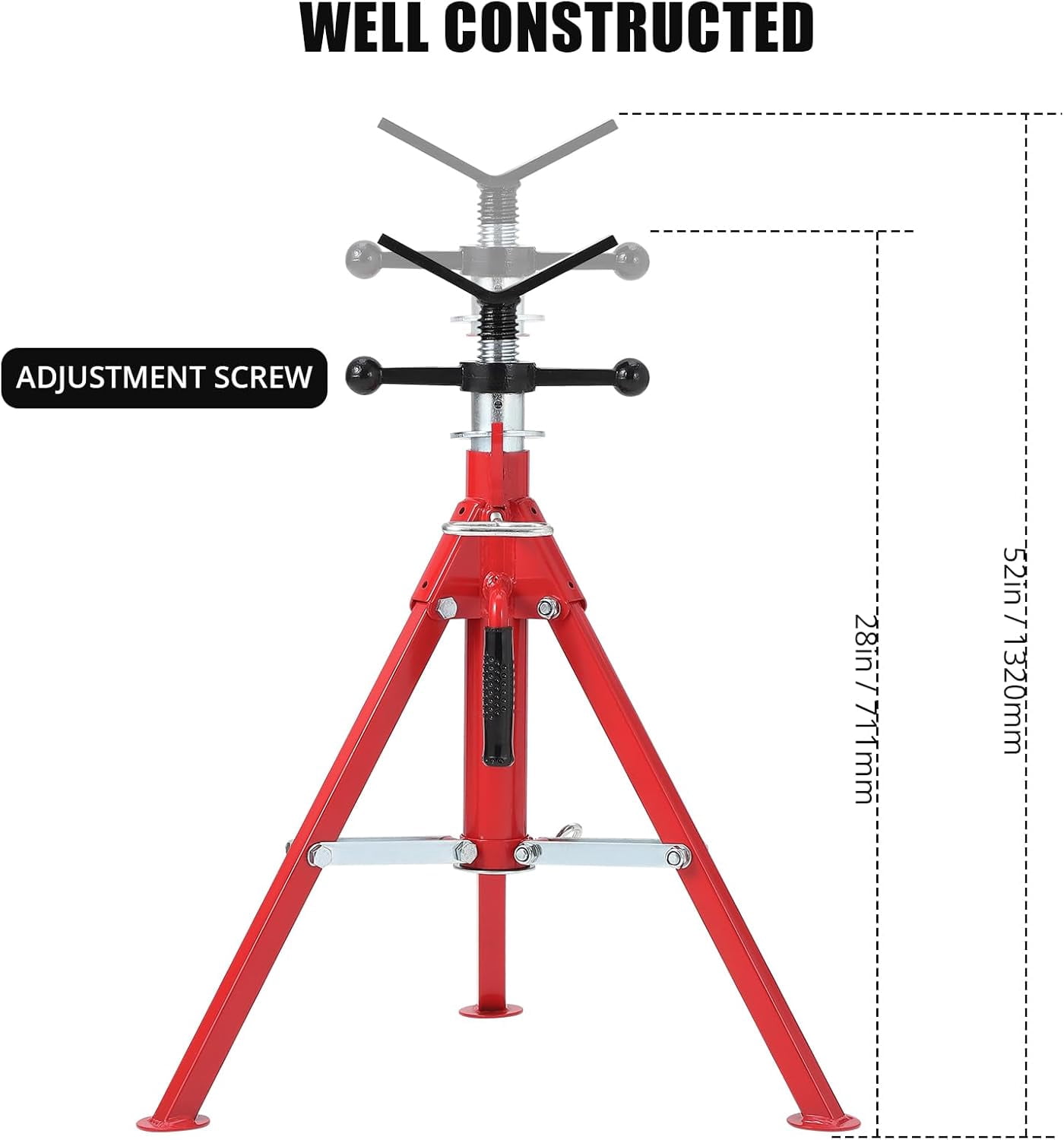 ChaoLink V-Head Pipe Jack Stand, 28 inches -52 inches Adjustable Height Heavy Duty Steel Jack Stand with 2500 LBS Load Capacity, Portable Pipe Stand with Folding Legs for Welding, Cutting