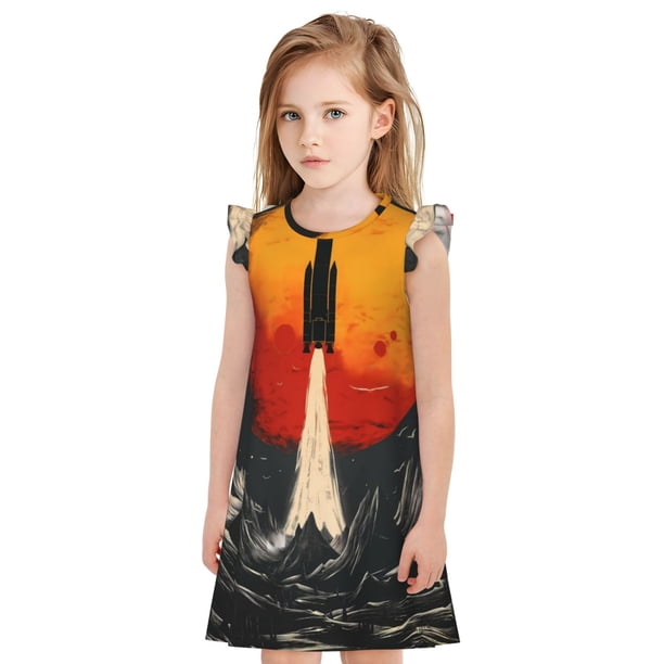 Fotbe Retro Space Rocket Launch Vestido de Dormir para Niñas de 3 a 10 Años, Mangas Cortas, Estilo Princesa, Pijama Camisón con Mangas Voladas-XX-Large