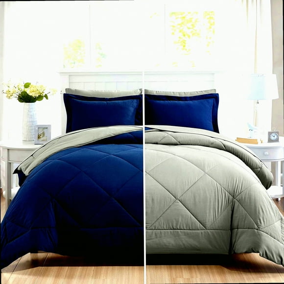 Navy Grey Reversible 7-Piece Comforter Bundle - Queen Size Bedding Set - All-in-One Bed in a Bag