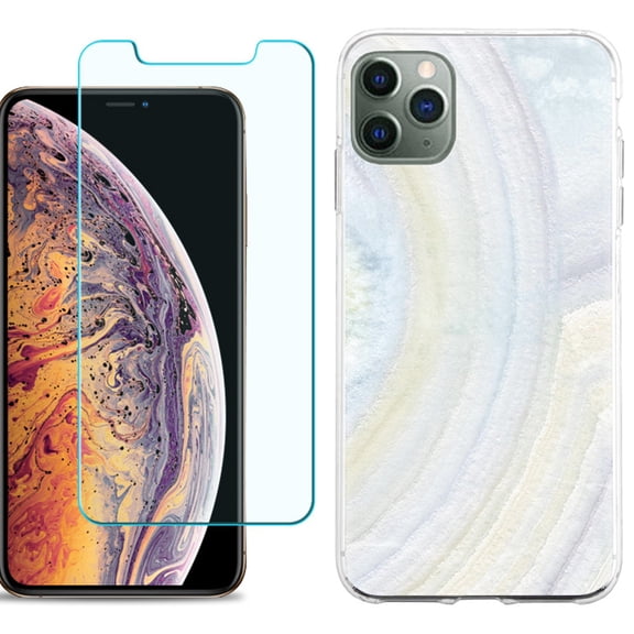 For Apple iPhone 11 Pro Max Phone Case , Slim-Fit TPU Case with Tempered Glass Screen Protector, by OneToughShield ® - Marble / Rainbow