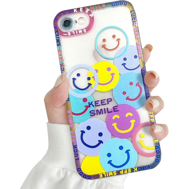 Linda funda para teléfono con cara sonriente Compatible con protección de cámara a prueba de golpes moda suave TPU transparente funda con flor sonriente para