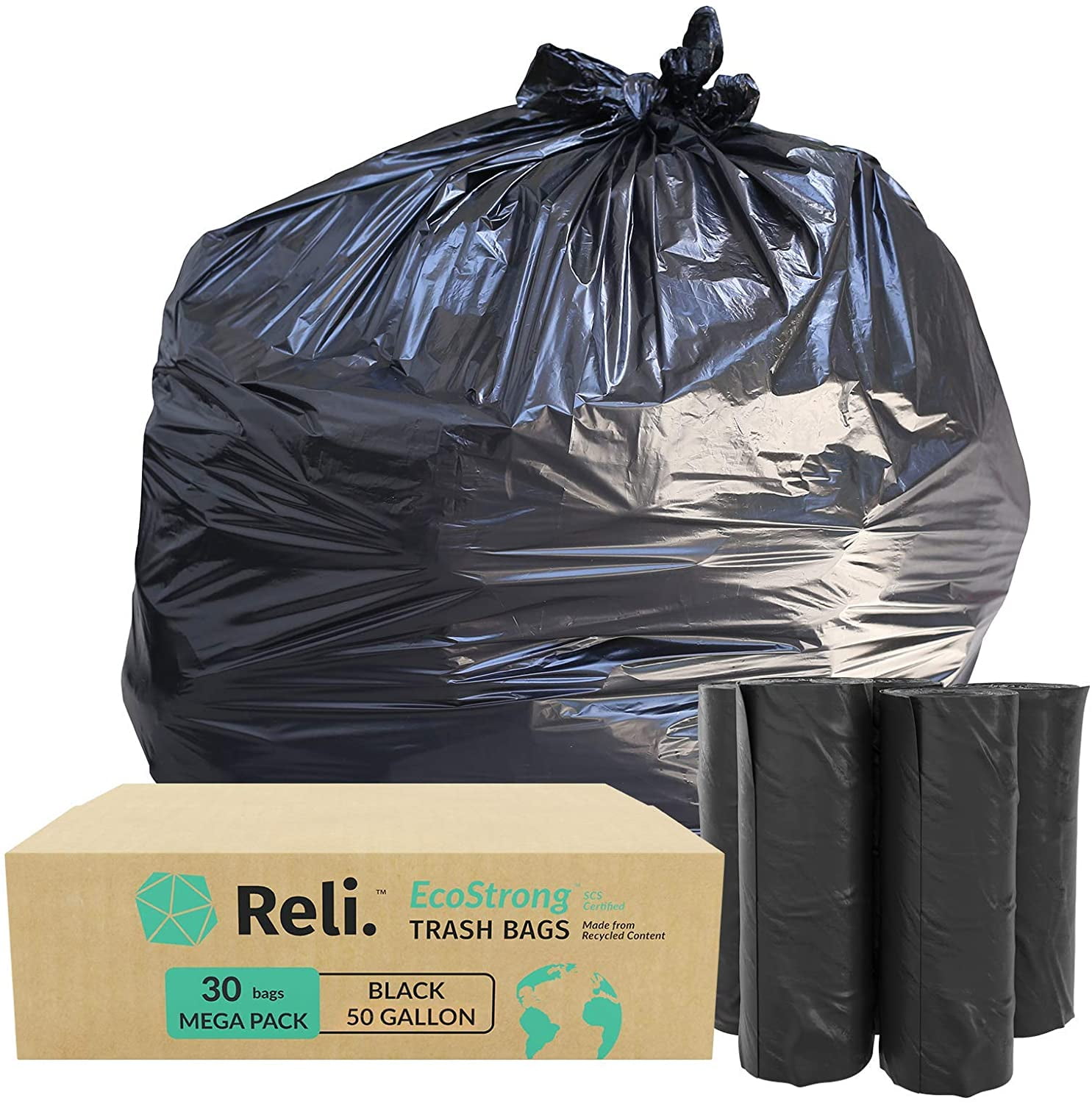 Reli. Eco-Friendly 50 Gallon Trash Bags (30 Bags) Recyclable 45 Gallon  Large Garbage Bags - Made of Recycled Material (Black) 