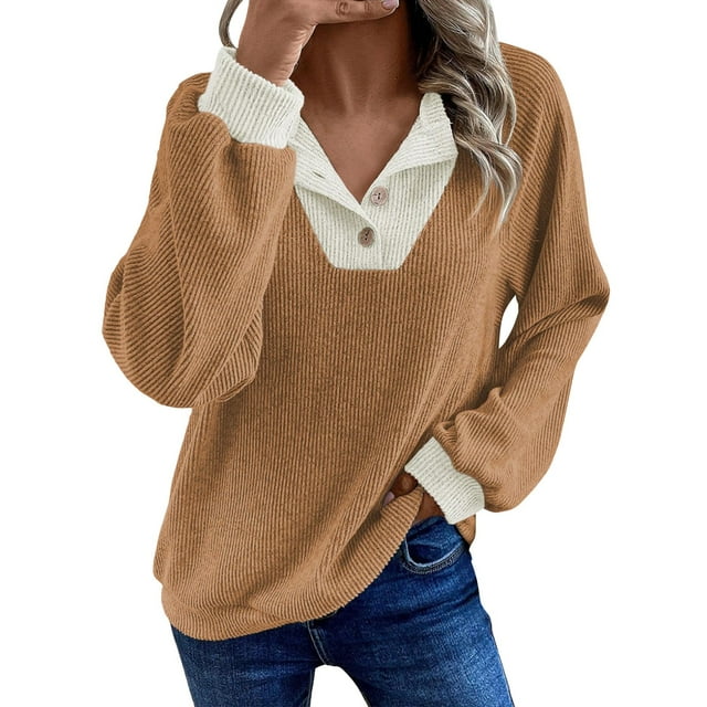 Comdrip Women's Pullover Sweatshirt Women's Casual V Neck Regular Tops Contrast Ribbed Loose Fit Long Sleeve Top Home Street Holiday Patchwork Buttons Sweatshirt Sweatshirt Woman, Khaki XL
