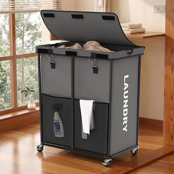 Laundry Hamper with Wheels and Lid, 225L Large Rolling Laundry Basket Gray | Heavy Duty Clothes Organizer, Sturdy Metal Frame, Lockable Swivel Casters, Removable Bag, For Bedroom, Bathroom, Laundry R