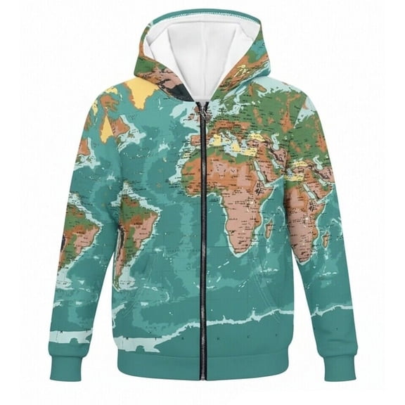 FINALGANG Boys Girls Kids Unisex World Map Print Zip Up Hoodie Long Sleeve Loose Fit Kangaroo Pocket Sweatshirt For Daily Wear Casual Outdoor Activities Green 6-7 Years