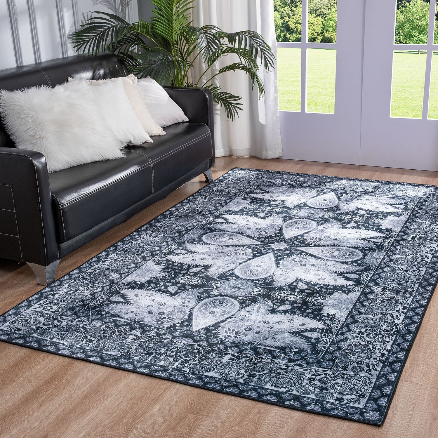 Wondo 4x6 Area Rugs for Living Room, Machine Washable Vintage Rug, Non-Slip Low Pile Throw Rugs with Rubber Backing Washable Carpet for Bedroom Dining Room Kitchen Home Decor, Black