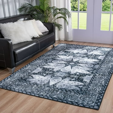 Astorug Machine Washable Vintage Rug - 5x8ft Non-Slip Low Pile Area Carpet - Rubber Backing for Living Room, Bedroom, Kitchen - Black