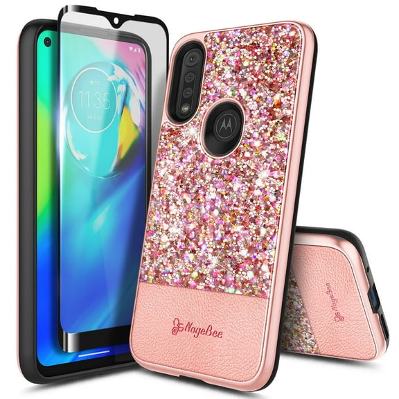 For Motorola Moto G Power Case With Tempered Glass Screen Protector (Full Coverage), Glitter Sparkle Bling Leather Protective Shockproof, Cute Phone Case Cover for Women Girls (Rose Gold)