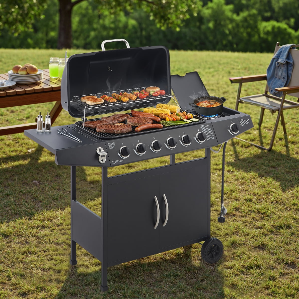 6 Burner BBQ Propane Gas Grill with Side Burner 59000 BTU Output Stainless Steel Barbecue Grill with Enamel Coated Grates and Side Tables for Outdoor Cooking Kitchen and Patio Backyard