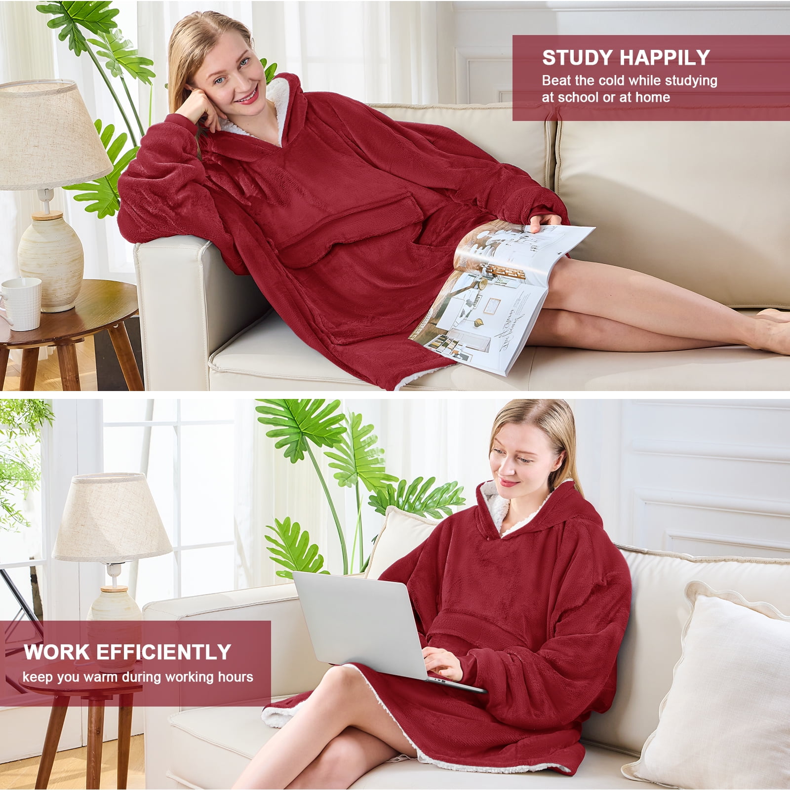 PMONPA Heated Wearable Blanket, Oversized Wearable Heated Blanket for Adult, Sherpa Fleece Blanket Hoodie, One Size, Burgundy