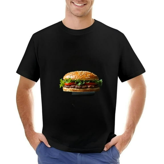 Men's Cotton Short Sleeve T-Shirt with Fun Hamburger Graphic Design - Black Tee Featuring Bun Lettuce Tomato and Patty - Casual Foodie