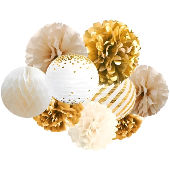 11 Pcs Gold Party Decoration Set, including Tissue Paper Pom Poms, Paper Lanterns, Honeycomb Balls, Versatile White Gold Theme for Weddings, Birthdays, Indoor Outdoor Décor