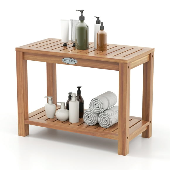 Gymax 24 Inch Teak Wood Shower Bench Inside Shower Stool w/ Storage Shelf for Adults