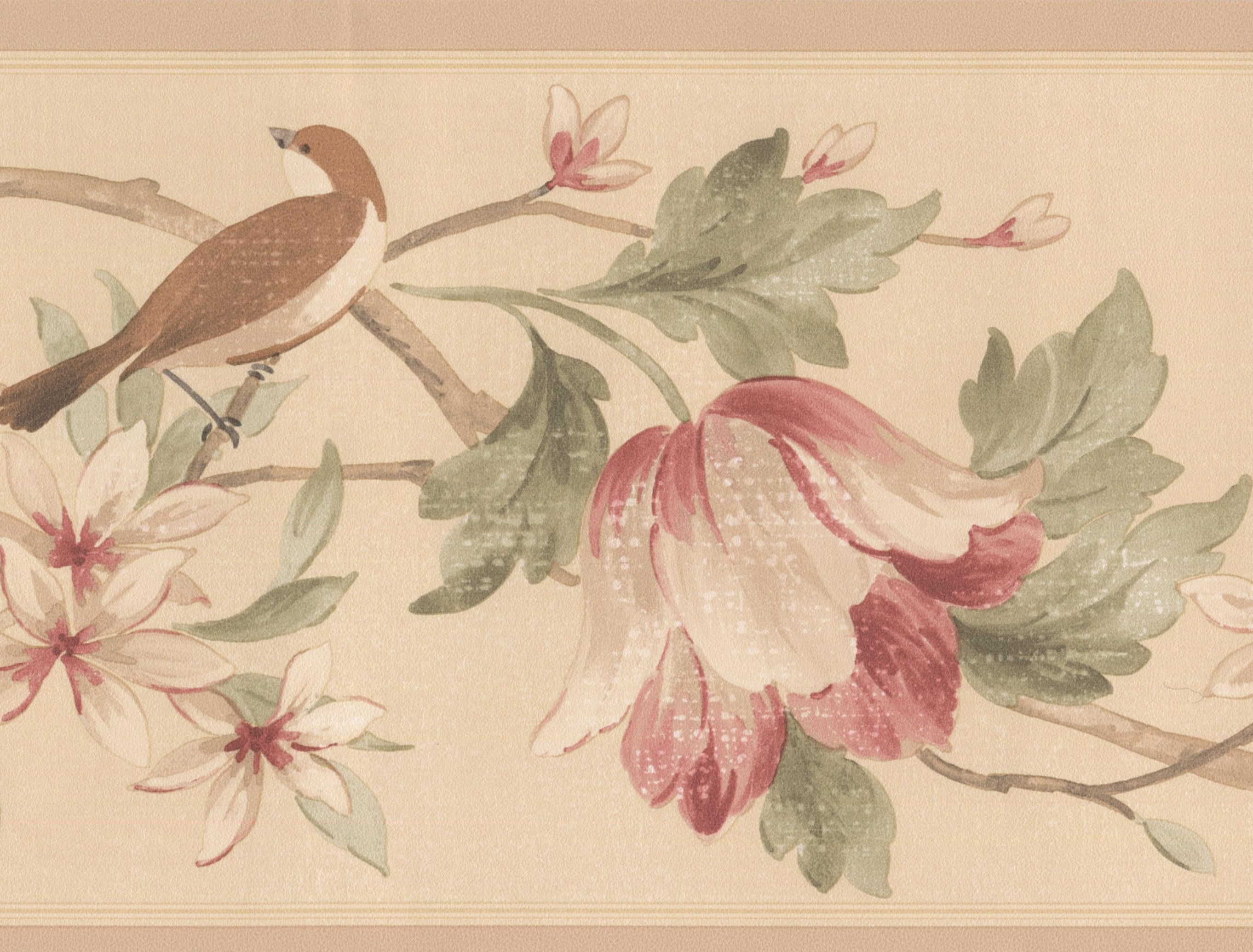 Wallpaper Border - Red White Flowers Birds on Brnaches ...