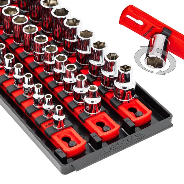 Ernst Manufacturing 8490 Socket Boss: 3-Rail Socket Organizer Tool Tray with 40 Clips (1/4", 3/8", 1/2") - Red, 13-Inch Rails for Toolbox Storage - Made in USA