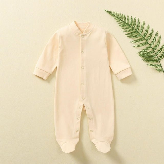 HOZADOIE Unisex Baby Onesies Pure Cotton Round Neck Stylish Button Opening Design Solid Color Comfortable Long Sleeve Lightweight All Season Style Footed Romper 0Months-1Years