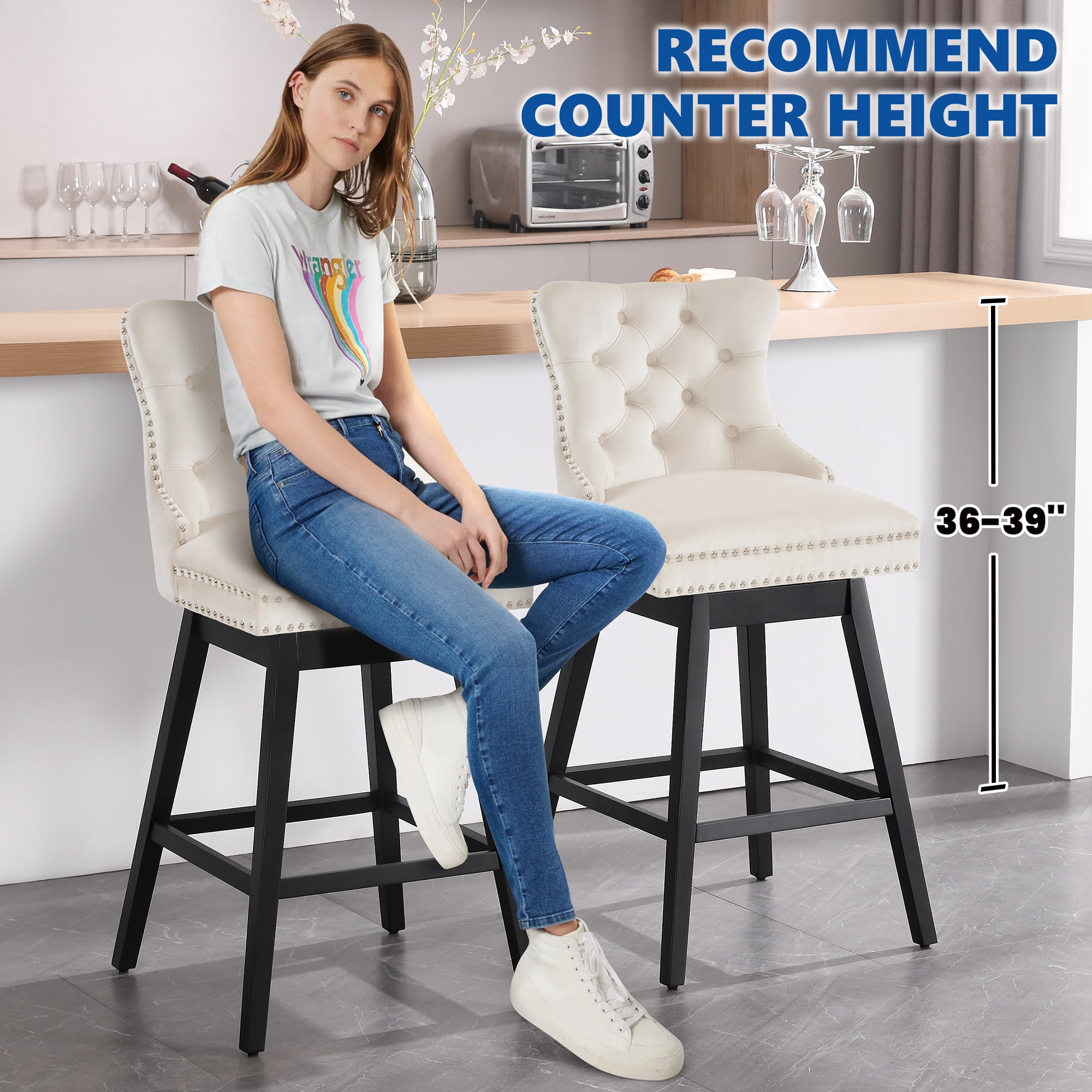Tewloss 26" Swivel Bar Stools Set of 2 Velvet Counter Height Chairs for Home Kitchen Dining, Beige