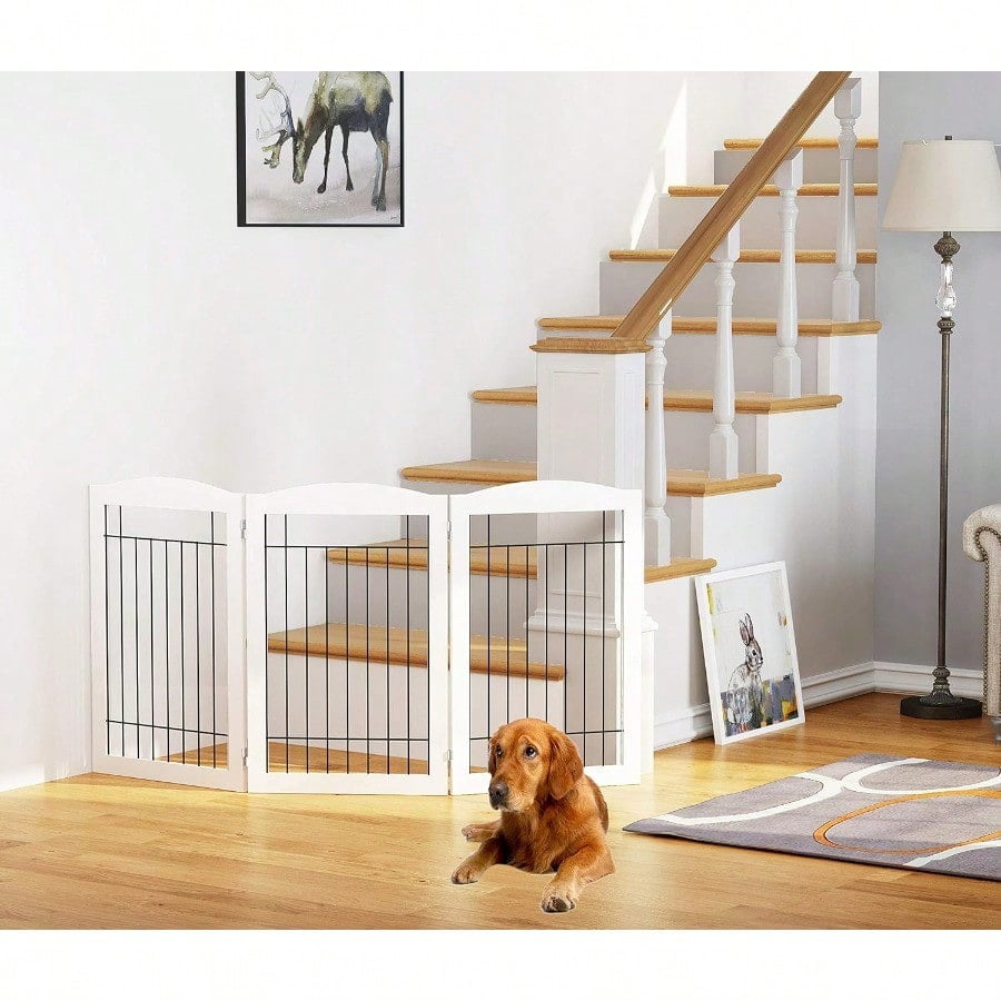 Freestanding Wire Pet Gate for Dogs, 60 inches Extra Wide, 30 inches Tall Dog Gate for The Houes, Doorway, Stairs, Pet Puppy Safety Fence, White 3 Panels