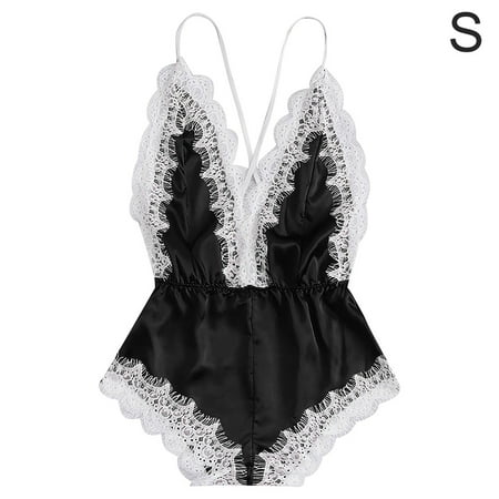 

Lingerie Women Deep V-neck Underwear Girl Lace Mesh Bodysuit Black S