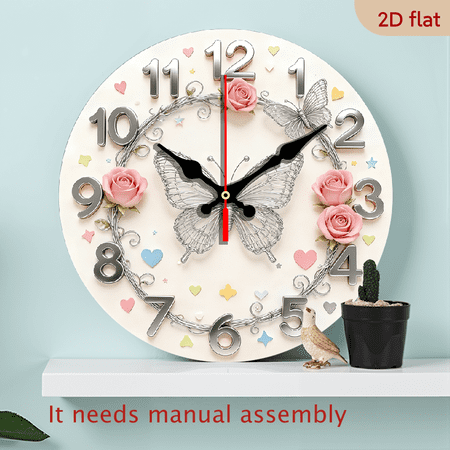 1pc 10Inch Silver Butterfly Vine Round Wall Clock, Wooden, Silent Swiss-Quartz Mechanism, Battery Powered, Decorative for Meditation, Living Room, Bedroom, Dining Room, No AA Batteries Include