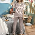 thumbnail image 2 of FAIWAD Womens Satin Pajamas Set Short Sleeve Button Down Lapel Shirt and Long Pants Classic Comfy Nightwear Suit, 2 of 3