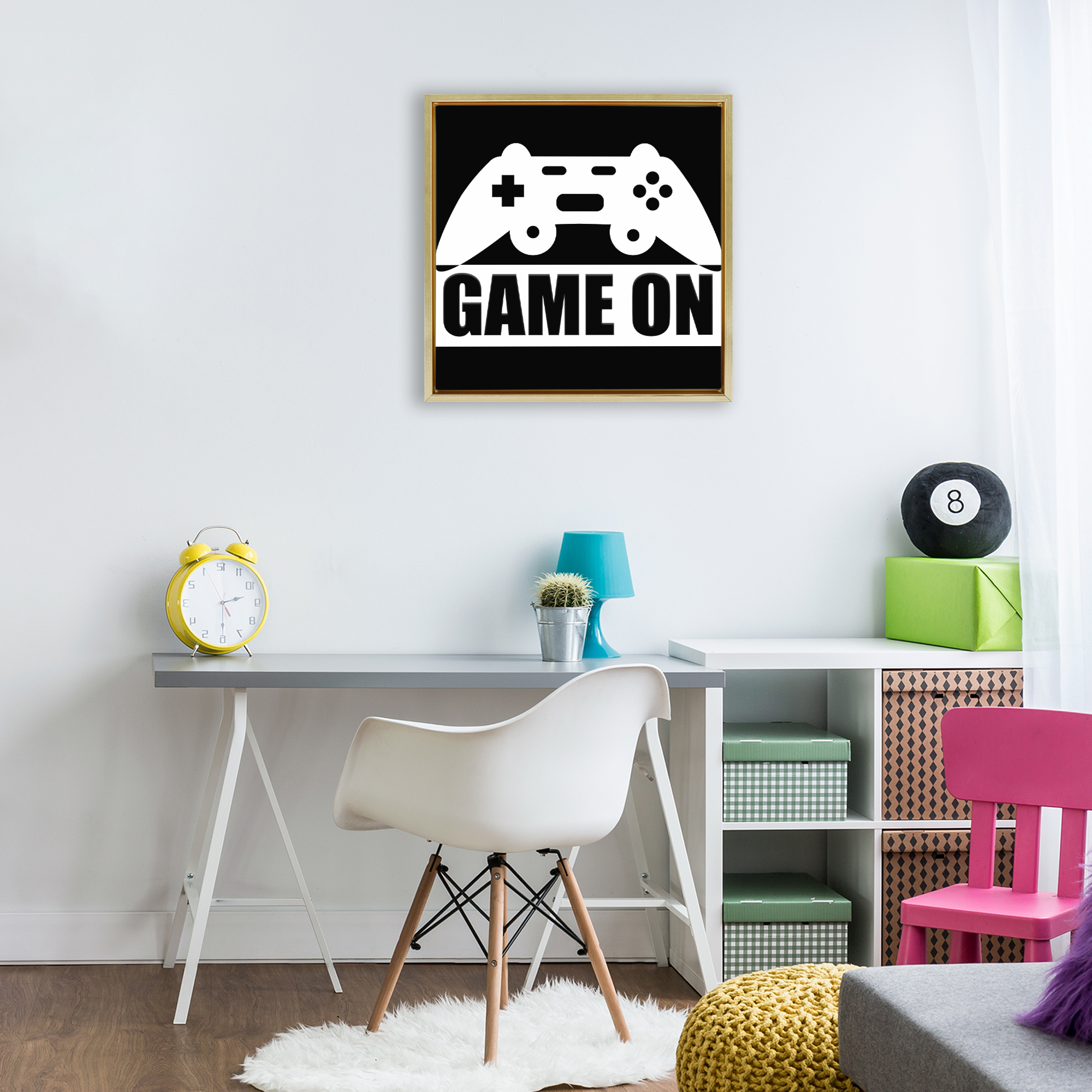 Game On Retro Black & White Gold Framed Floater Canvas Wall Art, design by Kim Allen