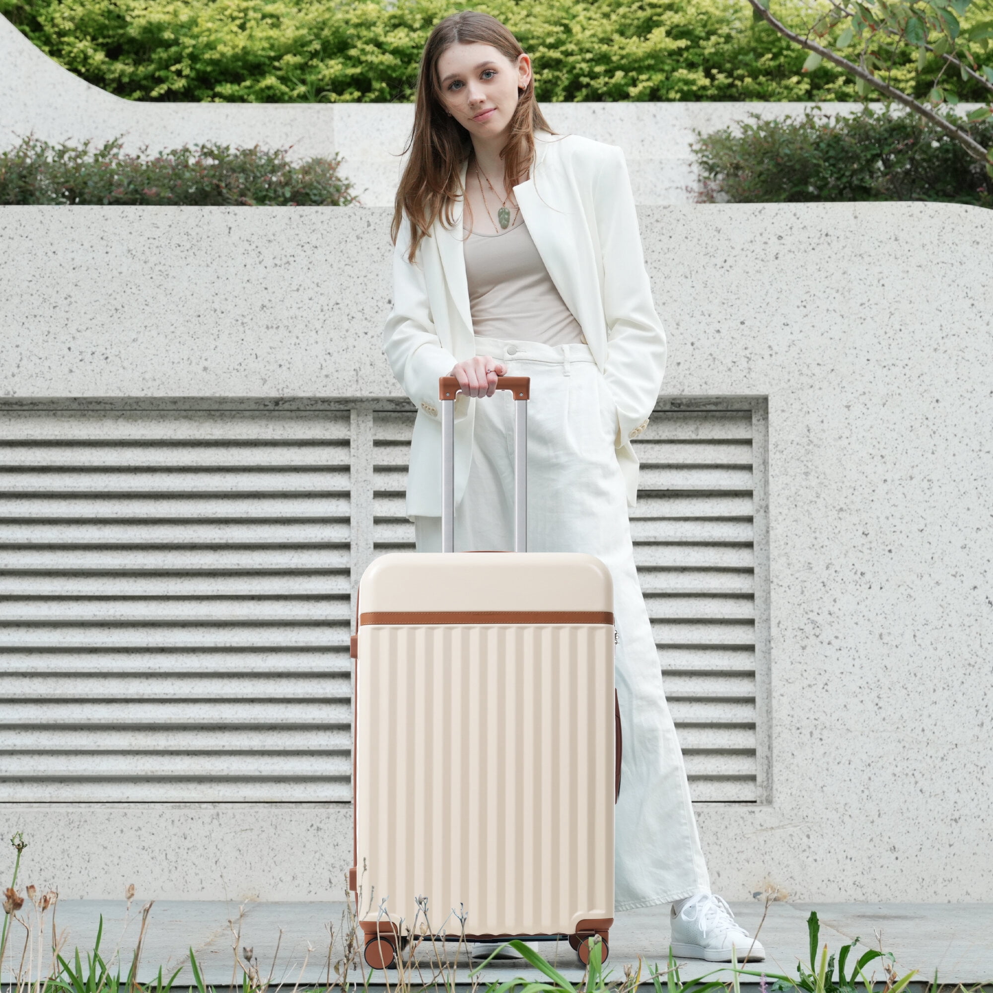 Hardside Suitcase, Luggage Set 5 Piece, Hardside Carry on Suitcase , Expandable Luggage with Travel Bags Spinner Wheels TSA Lock, Brown+White Hardside Luggage,Abs Hardside Checked Luggage