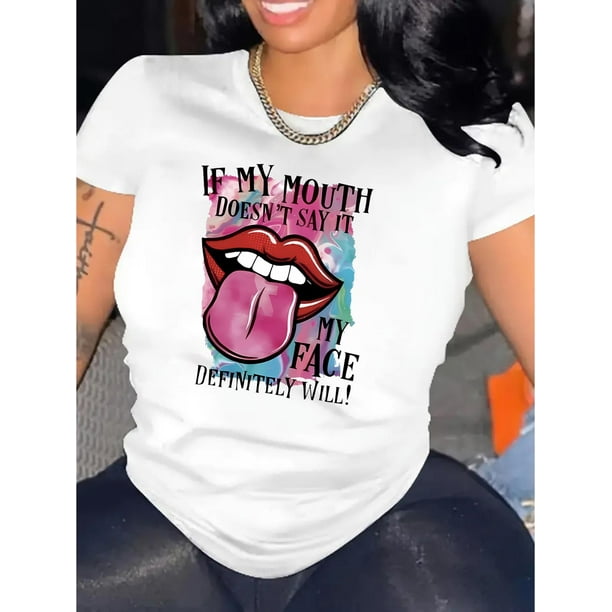English Lips Creative Abstract Pattern Print Women's Fashion Trendy Round Neck Short Sleeve, Simple Casual Sports T-shirt, Holiday Comfortable Summer Top Women's Clothing