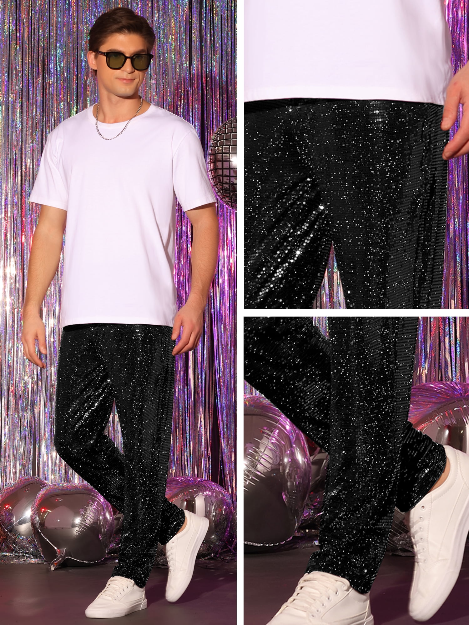 DARING DIVA Men's Sequins Pants Shiny Sparkly Straight Leg Trousers 34 Black