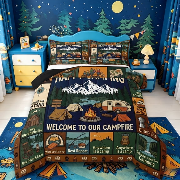 Catabedysis Country Style Camping Full Size Comforter Sets,Happy Camping Print Bedding Comforter Set For Boys,Multicolor,Black Reversible,3-Piece,1 Comforter and 2 Pillowcases