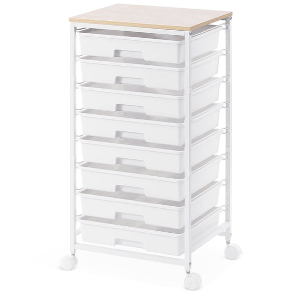 KK KINGRACK Storage Rolling Drawer Cart, Drawer Organizer with 8 Drawers and Wooden Tabletop, Metal & Plastic, White
