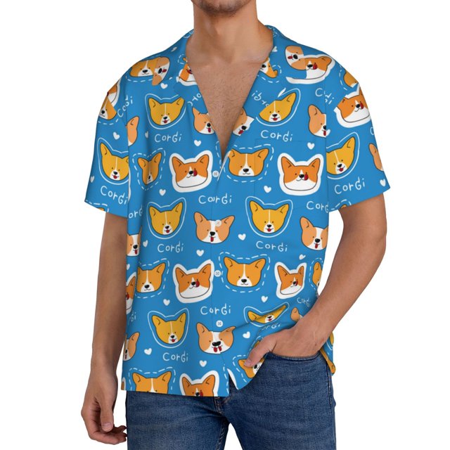 Fotbe Corgi Dog Face Camisa Estampada de Manga Corta para Hombre, Casual de Verano, Estilo Playero, Sin Arrugas-3X-Large
